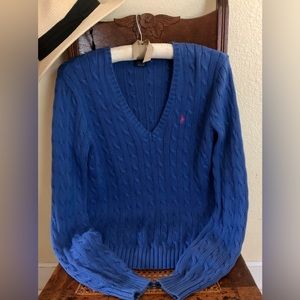 Ralph Lauren Sport Blue Cable Knit V Neck Cotton Sweater